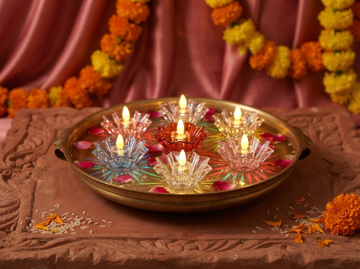A collection of six glowing water-sensor LED diyas arranged on a terracotta surface with rose-colored fabrics and marigold fl